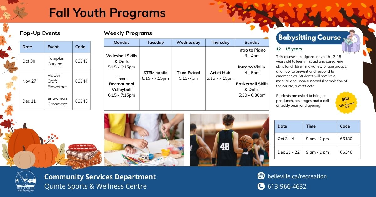 QSWC's tweet photo. Join us for some fun this Fall with our youth recreation programs. Register online today
https://t.co/2WKgeYcoQZ https://t.co/5cQ1EIkMhc