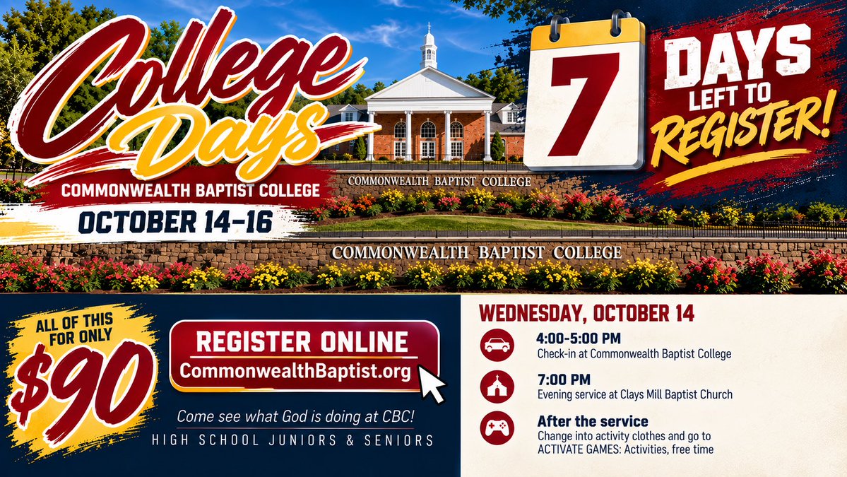 CommonwealthB's tweet photo. High school juniors and seniors—come experience CBC! 

Stay in the dorms, enjoy college classes and chapel, make new friends, visit the Ark Encounter, and take on Activate Games! 

Three unforgettable days. One great opportunity. 

Register today!

#CBCdays26 https://t.co/bwZPb8tfIf