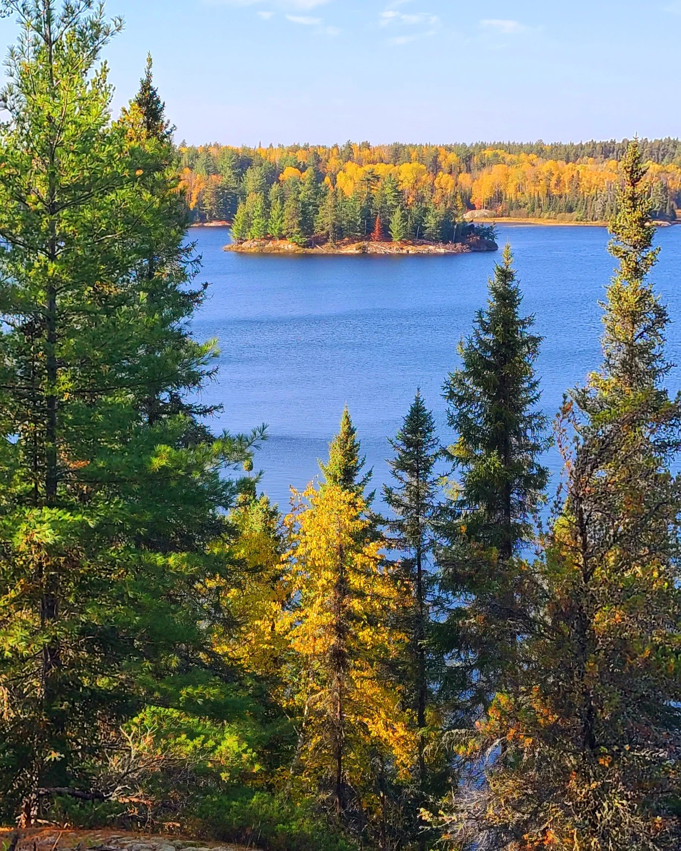 A serene lake surrounded by evergreen and deciduous trees with autumn foliage under a clear blue sky.