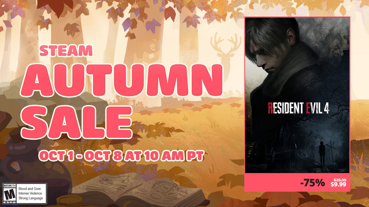 CapcomUSA_'s tweet photo. Time is running out, and you can pick up Resident Evil 4 for up to 75% off during the Steam Autumn Sale! Save big and take on the horrors that await you before the deal is gone!

🍂 https://t.co/ZDuPKKPQ90 https://t.co/qCJaKtuqhx