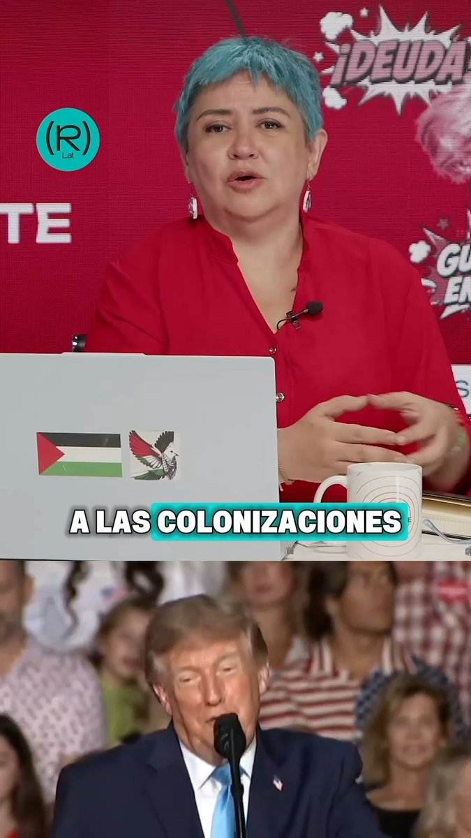 A composite image with a person with blue hair speaking on a Spanish-language show in the top half with the subtitle 'A LAS COLONIZACIONES,' and Donald Trump speaking at a podium in the bottom half.