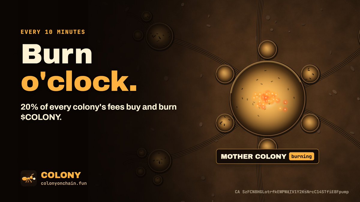 colonyonchain's tweet photo. Burn o'clock.

Every 10 minutes the Mother Colony wakes up,
takes 20% of every colony's fees,
buys $COLONY and burns it.

Then she does it again. https://t.co/3mC8dt4ttM