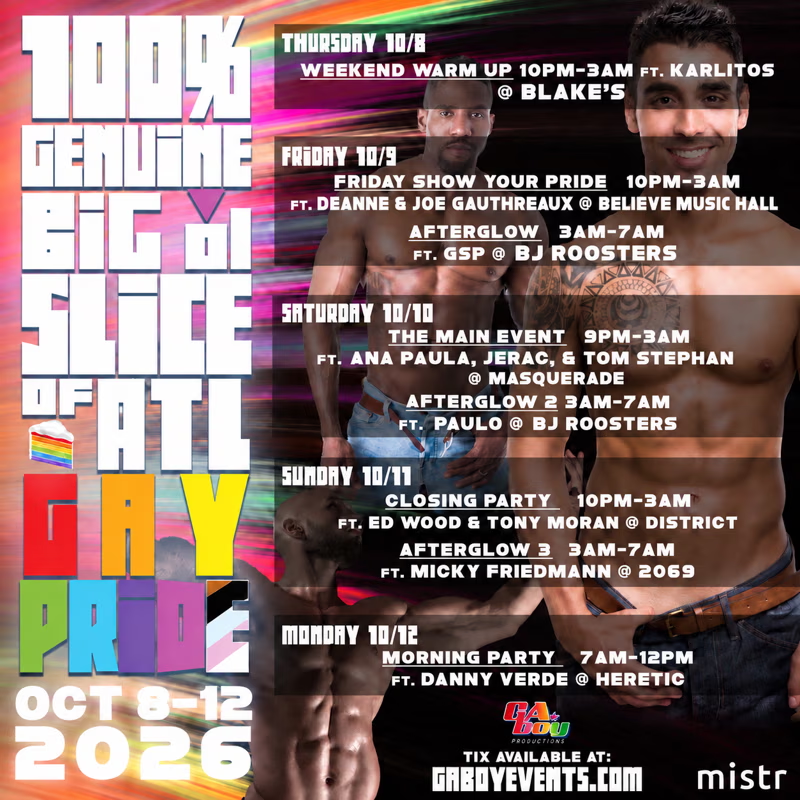 AtlantaGayEvent's tweet photo. GA Boy Events: 
Big Ol' Slice Atlanta Gay Pride 2026 Weekend Pass
https://t.co/Qi5drMUZR7 https://t.co/ghLqc7q1fR