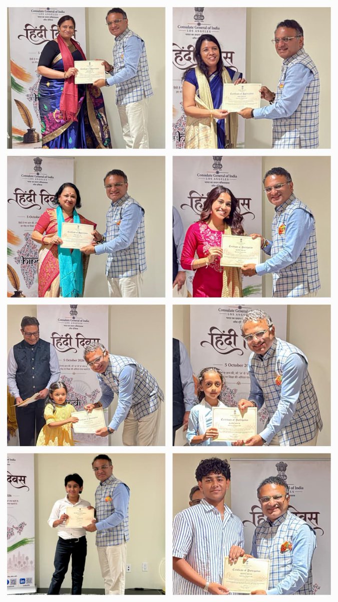 CGILosAngeles's tweet photo. लॉस एंजिल्स स्थित भारत के महावाणिज्य दूतावास ने छात्रों, शिक्षकों और भारतीय-अमेरिकी प्रवासी समुदाय के सदस्यों के साथ हिंदी दिवस 2026 मनाया।
कार्यक्रम में छात्रों द्वारा प्रस्तुतियाँ, हिंदी के महत्व पर उनके विचार एवं अनुभव, तथा हिंदी भाषा को जीवंत और समृद्ध बनाए रखने में योगदान देने वाले व्यक्तियों, विशेष रूप से अमेरिका में हिंदी शिक्षण के प्रति समर्पित शिक्षकों, का सम्मान किया गया।
महावाणिज्यदूत डॉ. के. जे. श्रीनिवास ने हिंदी शिक्षकों को सम्मानित किया तथा प्रतिभागी छात्रों को प्रमाण-पत्र एवं विशेष पुरस्कार प्रदान किया ।

The Consulate General of India in Los Angeles celebrated Hindi Diwas 2026 with students, teachers and members of the Indian-American Diaspora community. The programme featured student #presentations, #reflections on the importance of Hindi, and #recognition of those helping keep the language vibrant especially the teachers who have dedicated themselves to teaching Hindi in the USA. CG @drkjsrini felicitated Hindi teachers and presented certificates and special awards to participating students.

@MEAIndia @IndianEmbassyUS @IndianDiplomacy @RajbhashaVibhag @EduMinOfIndia @MinOfCultureGoI @iccr_hq @diaspora_india @MyGovHindi @mygovindia @PIBHindi @PIB_India @MIB_India @IndiaAbroad_ @IndiaCurrents @indiawestnews @indicanews1 @TeluguTimesNews @NRIPulse @nritonri @yoindiatv @tvasianetwork @newsindia5 @ambazaarmag @american_desi #SDIndian #SanDiegoDesi

#IndiainLA #HindiDiwas2026 #हिंदीदिवस #हिंदी #राजभाषा #HindiOurPride #IndianDiaspora #IndiaInUSA