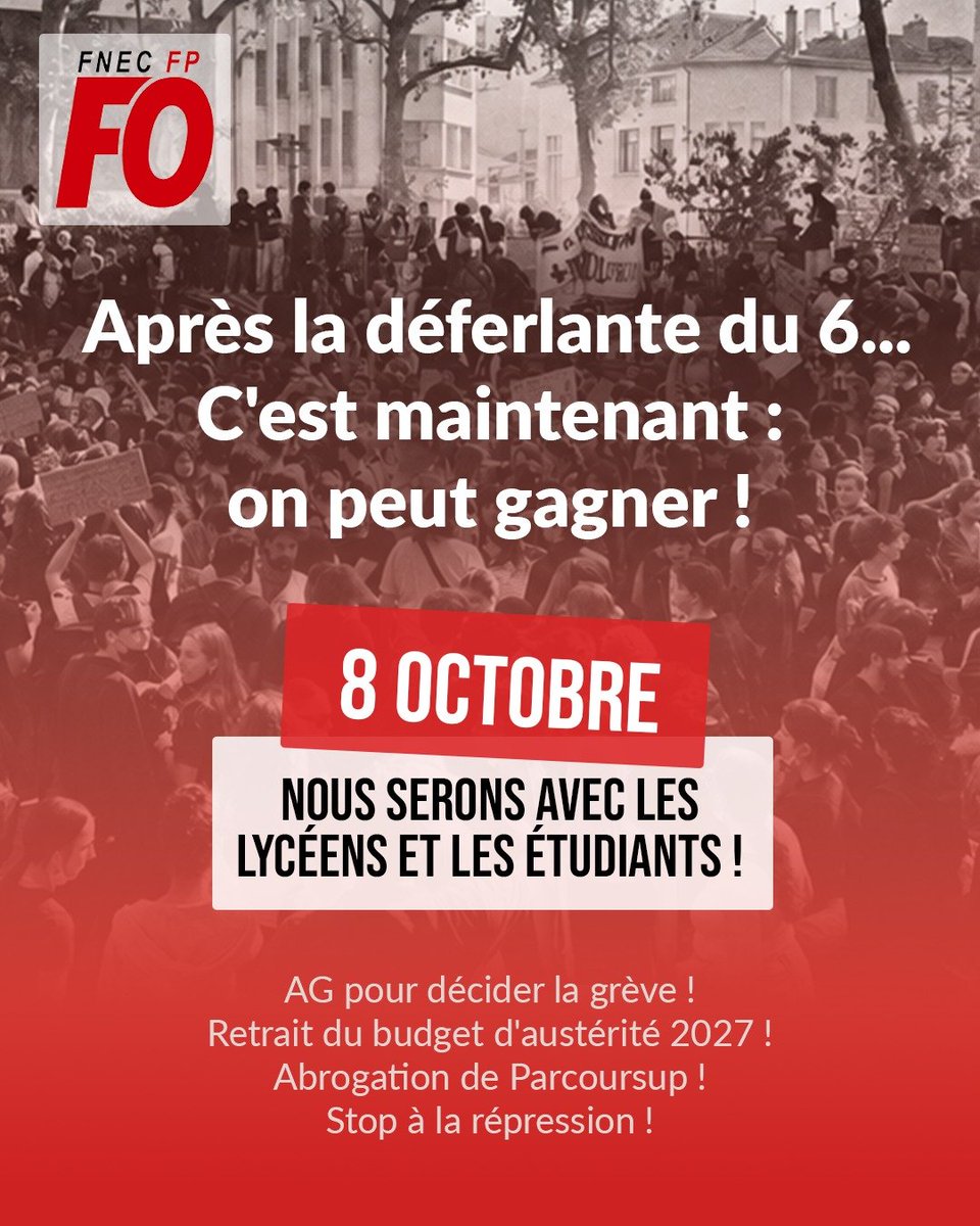 FnecFpFO's tweet photo. #8octobre : avec les lycéens et les étudiants ! On peut gagner ! Et on ne lâchera pas ! Lecornu n'a qu'une chose à faire : répondre aux revendications ! https://t.co/MMsuTMhzgz