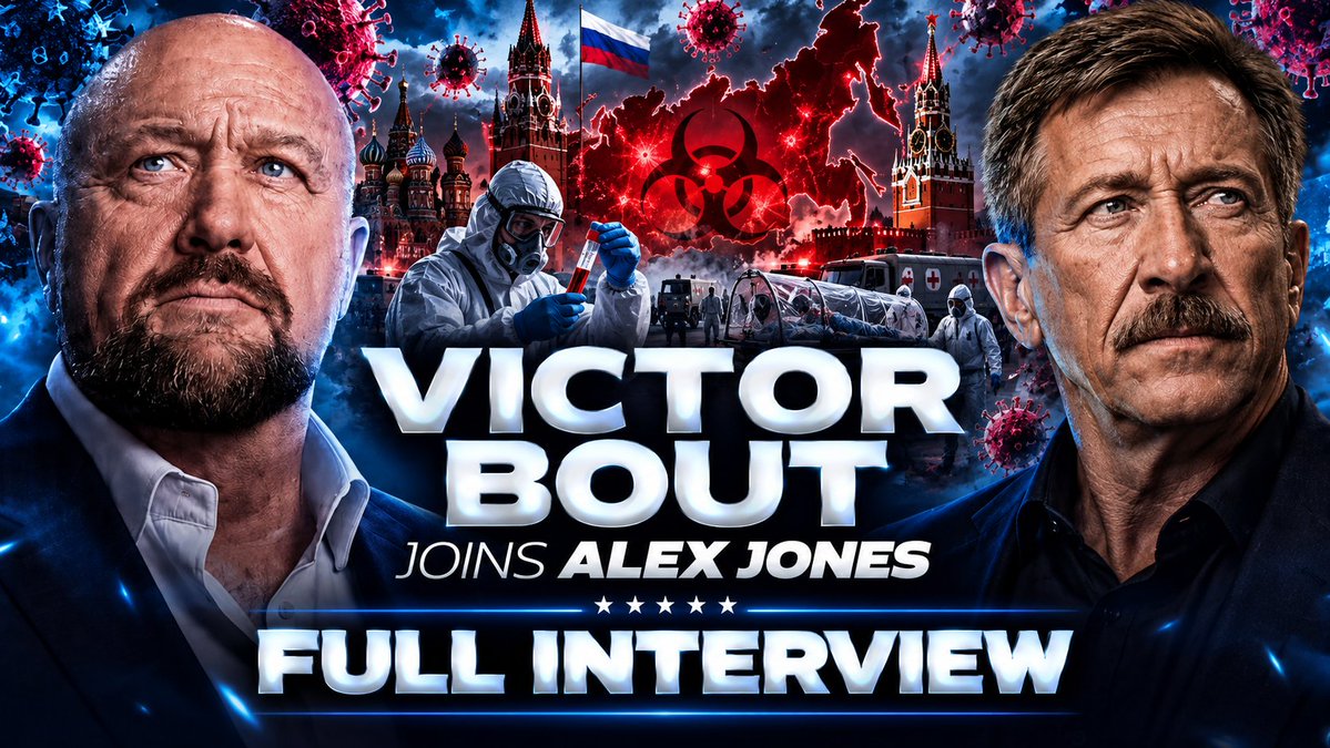Promotional thumbnail featuring Victor Bout and Alex Jones, with text reading "VICTOR BOUT JOINS ALEX JONES FULL INTERVIEW," set against imagery of the Kremlin, Russian flag, biohazard symbols, and hazmat-suited figures suggesting a discussion about alleged bioweapon hysteria and globalist agendas.