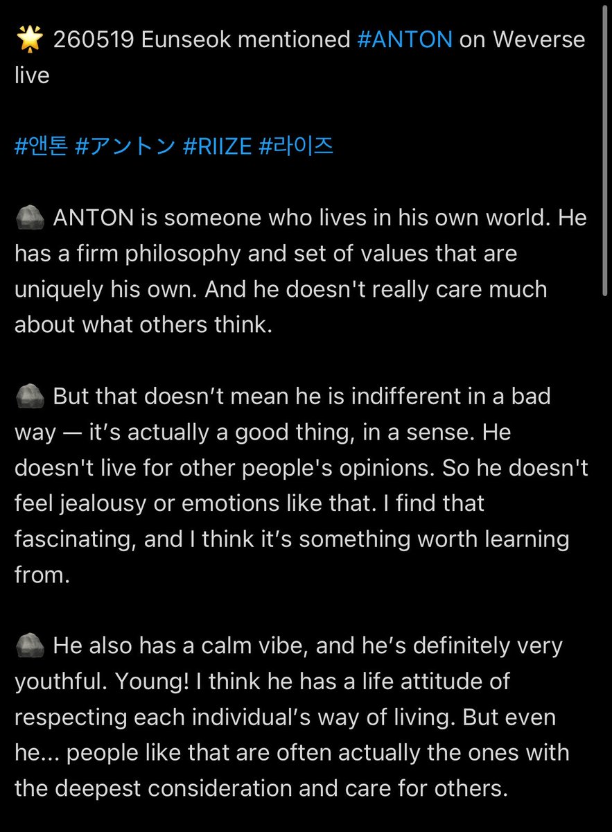 ttonoflove's tweet photo. 🪨 comments on anton’s philosophy and his mindset

“he doesn’t live for other people’s opinions. so he doesn’t feel jealousy or emotions like that” 

anton is someone who exists in a lane of his own. he doesn’t require external validation but only his own quiet, satisfaction. ♥️ https://t.co/4XEK8bm6iw