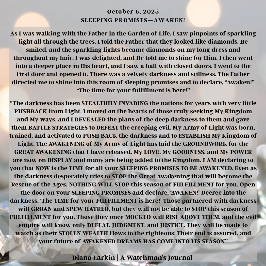 TheDianaLarkin's tweet photo. JOURNAL NUGGET

"I AM declaring to you that NOW is the TIME for all your SLEEPING PROMISES TO BE AWAKENED." https://t.co/Pt9poH29W2