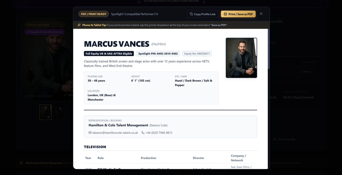 ThePageUK's tweet photo. Need a polished, professional PDF CV for a last-minute audition in 10 seconds? Done. 

⏱️Luxury digital calling card for your bio, instant print-ready PDF for casting directors.
#ActorsLife #UKActors #Casting

https://t.co/Fc5IDt4jPJ https://t.co/qU4keyZS7w