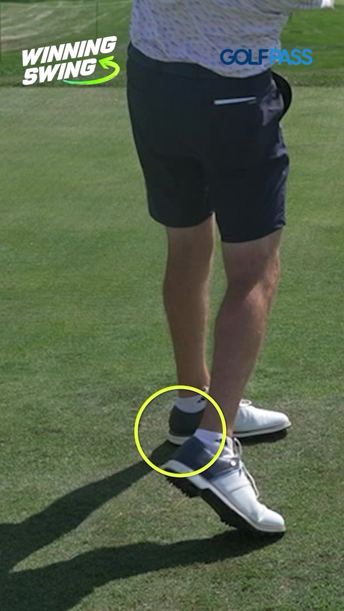 A close-up of a golfer's legs and feet on a green, with a yellow circle highlighting their footwork, and logos reading "WINNING SWING" and "GOLFPASS" visible.