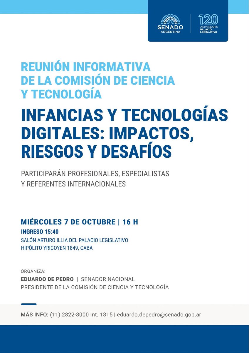 wadodecorrido's tweet photo. El avance del mundo digital tiene una cara positiva, pero también conlleva grandes riesgos. Queremos acompañar a las familias y cuidar el desarrollo de nuestros chicos, chicas y adolescentes.

Por eso convocamos a UNICEF, organizaciones y especialistas en psicología, neurociencia y educación al Senado para analizar el impacto de las nuevas tecnologías en la salud mental, los procesos de aprendizaje y los vínculos de los niños, niñas y adolescentes.

Como la capacidad del salón es limitada, podés seguir el encuentro en vivo por YouTube 👇🏼
https://t.co/Bz68tr8l1F