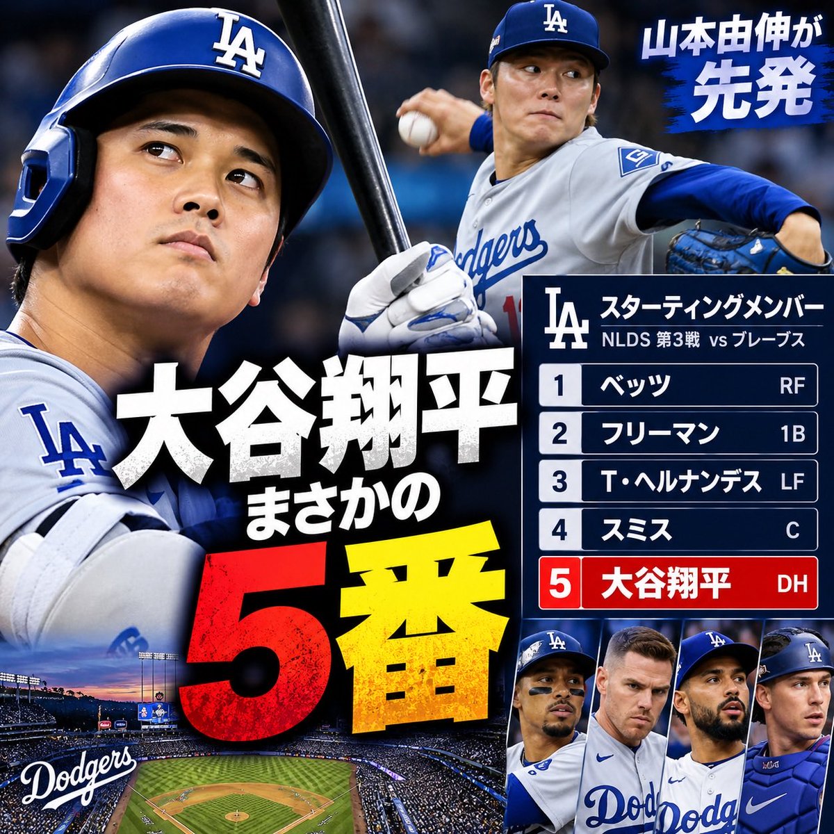 no55555t's tweet photo. 大谷翔平がまさかの「5番」。

山本由伸が先発する地区シリーズ第3戦を前に、ドジャースが発表したスタメンに米ファン騒然。

1番 ベッツ
2番 フリーマン
3番 テオスカー・ヘルナンデス
4番 スミス
5番 大谷翔平

これまで1・2番が定位置だった大谷が5番に。

「ショウが5番？ウソでしょ」
「怖すぎる」
「めちゃくちゃ違和感がある」

ポストシーズンここまで8打数2安打、OPS.500。

山本由伸の大一番で、ドジャースはあえて大谷を5番に置いた。

この打順変更、果たして吉と出るか。