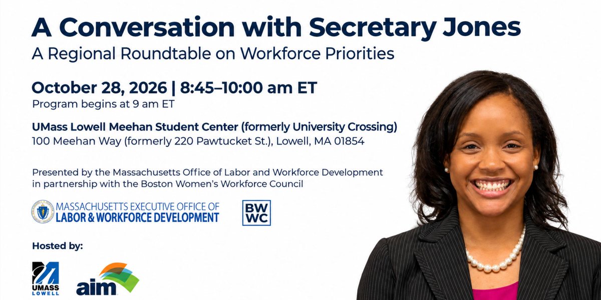 AIMBusinessNews's tweet photo. The Workforce Is Changing—your Voice Matters. Join AIM, @MassLWD &amp; Boston Women’s Workforce Council on Oct. 28, 8:45–10 AM at @UMassLowell. Share challenges, explore solutions &amp; hear the latest workforce trends. Register: https://t.co/EWIAjUZxzW #AIM #Workforce #AIMMA https://t.co/zwsRkLZ27U