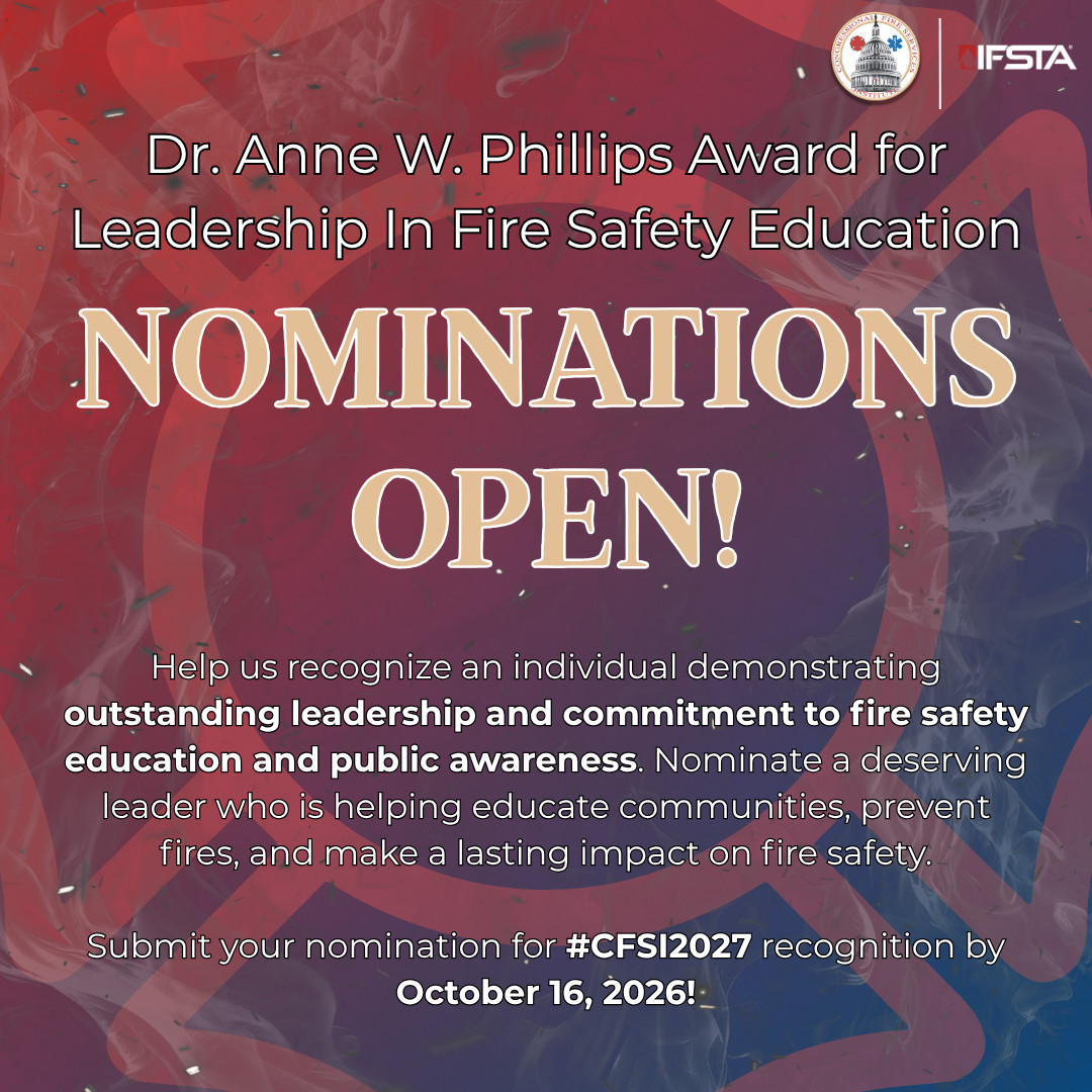 IFSTA's tweet photo. 🏆 Nominations are OPEN for the Dr. Anne W. Phillips Award for Leadership in Fire Safety Education! Submit your nominations here: https://t.co/vzOM5goIho #CFSI2027 #NationalFireAwards #FireSafetyEducation #FirePrevention #FireService #PublicEducation https://t.co/tAlTzZ5y5t