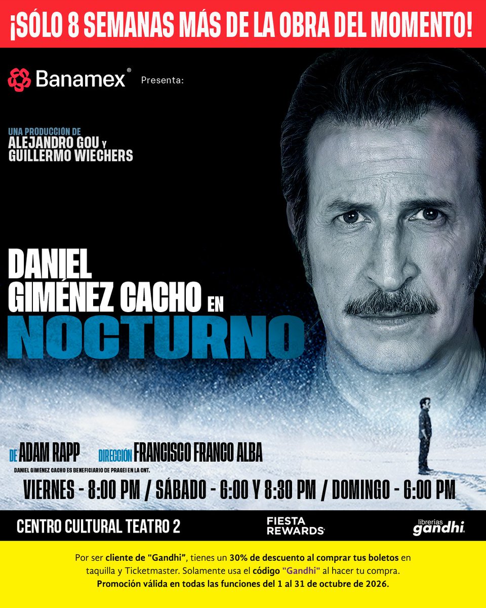 LibreriasGandhi's tweet photo. Daniel Giménez Cacho protagoniza Nocturno, una puesta en escena que no querrás perderte.
Y con Gandhi tienes 30% de descuento usando el código Gandhi en Ticketmaster.
#RecomendacionesGandhi https://t.co/kDOplXG6HG