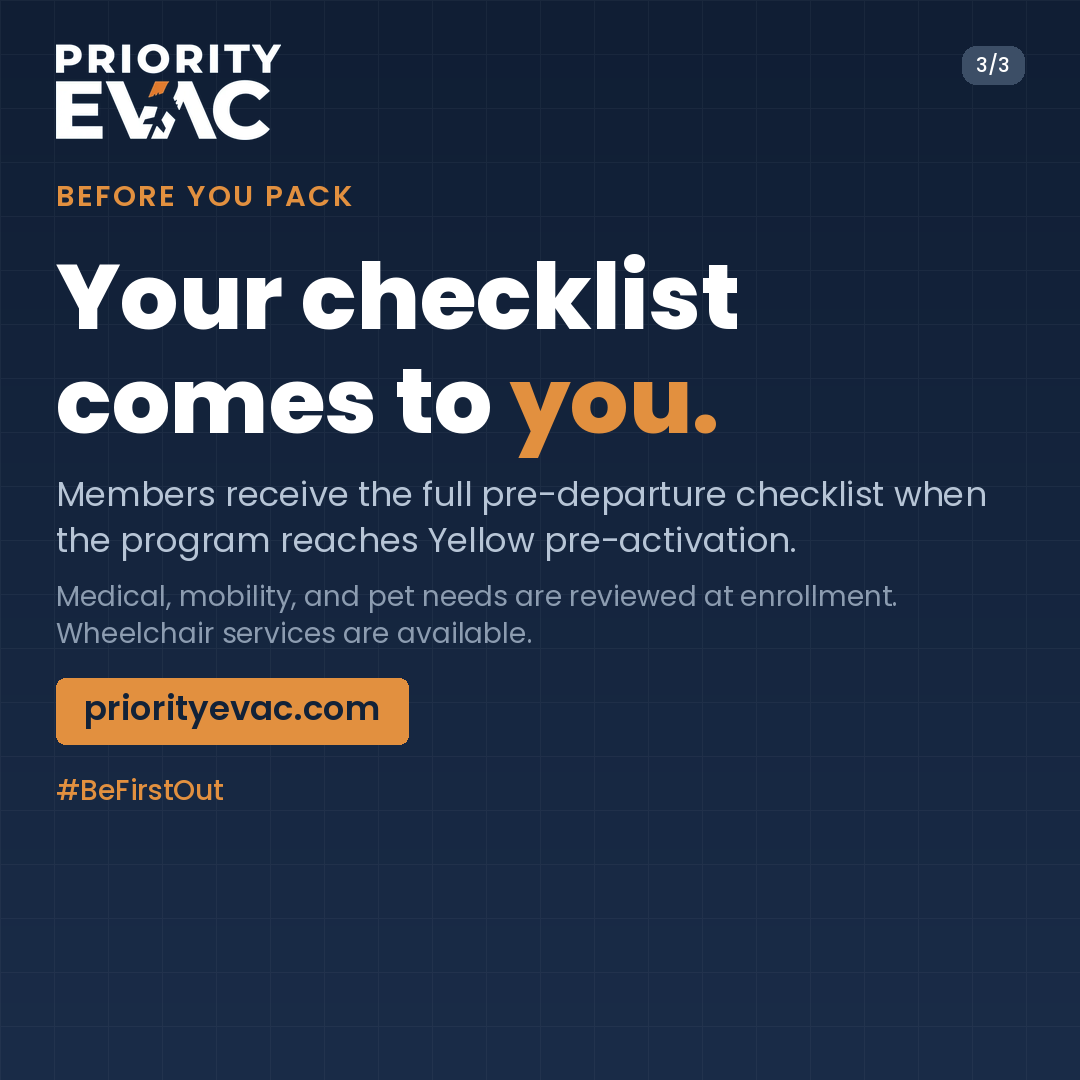 priorityevac's tweet photo. New series: Evacuation Packing List. Over the next six posts we'll walk through documents, medications, clothing, tech, families with children, and pets. Each member brings one personal item, one carry-on, and one checked bag. https://t.co/HtD6ERHZZh #BeFirstOut https://t.co/7WyE8Mry7E