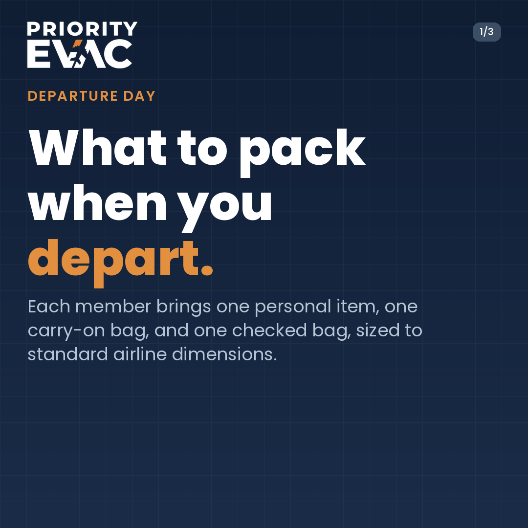 priorityevac's tweet photo. New series: Evacuation Packing List. Over the next six posts we'll walk through documents, medications, clothing, tech, families with children, and pets. Each member brings one personal item, one carry-on, and one checked bag. https://t.co/HtD6ERHZZh #BeFirstOut https://t.co/7WyE8Mry7E