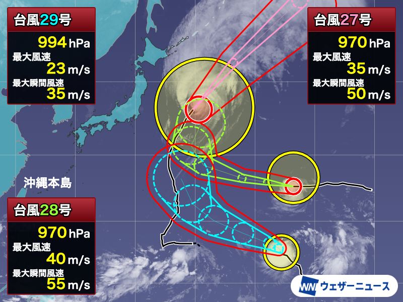 wni_jp's tweet photo. 【台風情報】10月7日(水)3時現在、日本の周辺に3つの台風があります。台風27号(チョーイワン)の影響で関東や東北は波が高くなっており警戒が必要です。28号(ノロ)と29号(コグマ)はしばらく西寄りに進み、週末頃から北へ進路を変えるとみられます。
https://t.co/GbqwLdiewm https://t.co/nFGWK3PHmF