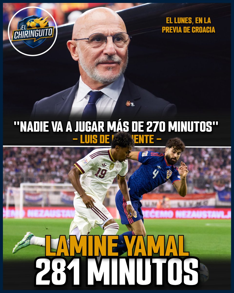 elchiringuitotv's tweet photo. 👀 LAMINE YAMAL ha jugado 281 MINUTOS en este parón... 

😳 ... ¡y LUIS DE LA FUENTE prometió que nadie jugaría más de 270!

¡Nos vemos a las 12 de la noche en Energy! https://t.co/VEVjF42TNI