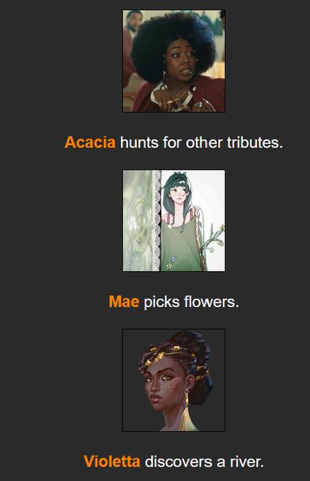 An image features three character portraits with text: 'Acacia hunts for other tributes,' 'Mae picks flowers,' and 'Violetta discovers a river,' referencing Hunger Games fan characters.