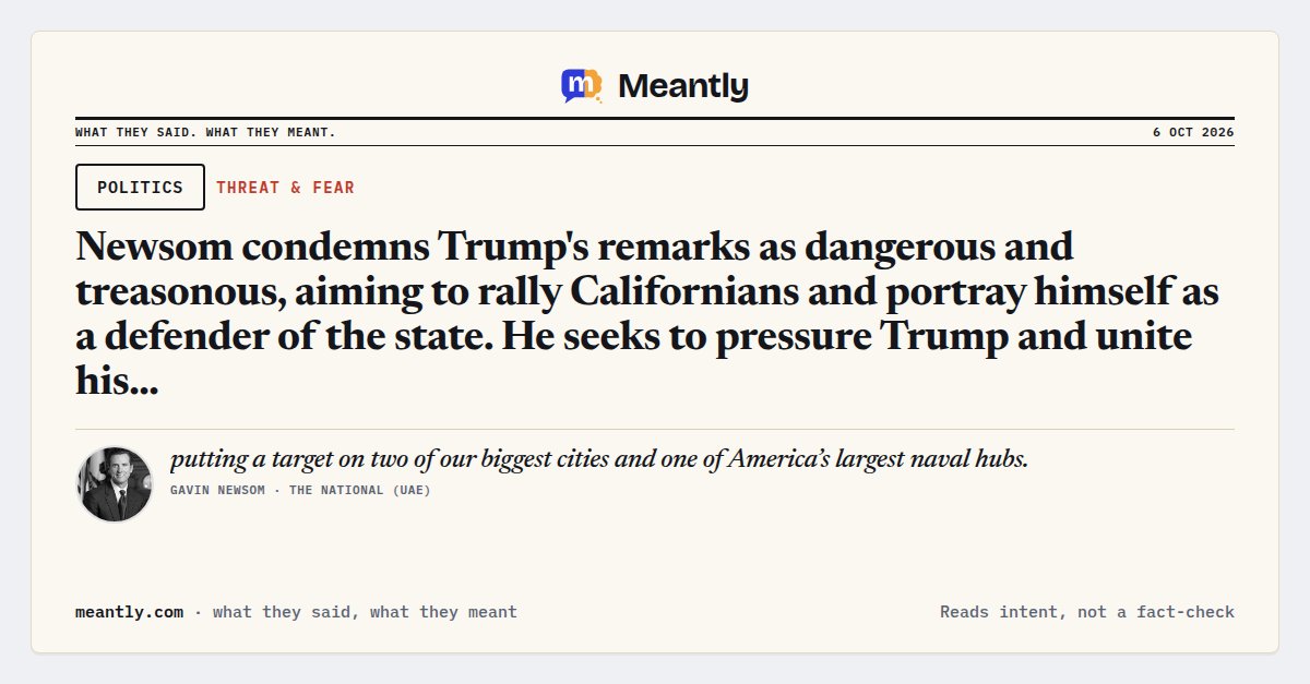 Meantlyhq's tweet photo. 🔥 Gavin Newsom: “putting a target on two of our biggest cities and one of America’s largest naval hubs.”

Newsom condemns Trump's remarks as dangerous and treasonous, aiming to rally Californians and portray himself as a defender of the state…

#GavinNewsom #Iran #Politics https://t.co/9pNdVy8GqI