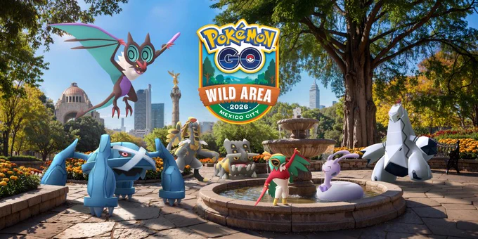 A vibrant scene featuring various Pokémon characters around a fountain in a park. The Pokémon GO Wild Area event logo is prominently displayed, with landmarks of Mexico City in the background, including the Angel of Independence and the Palacio de Bellas Artes.