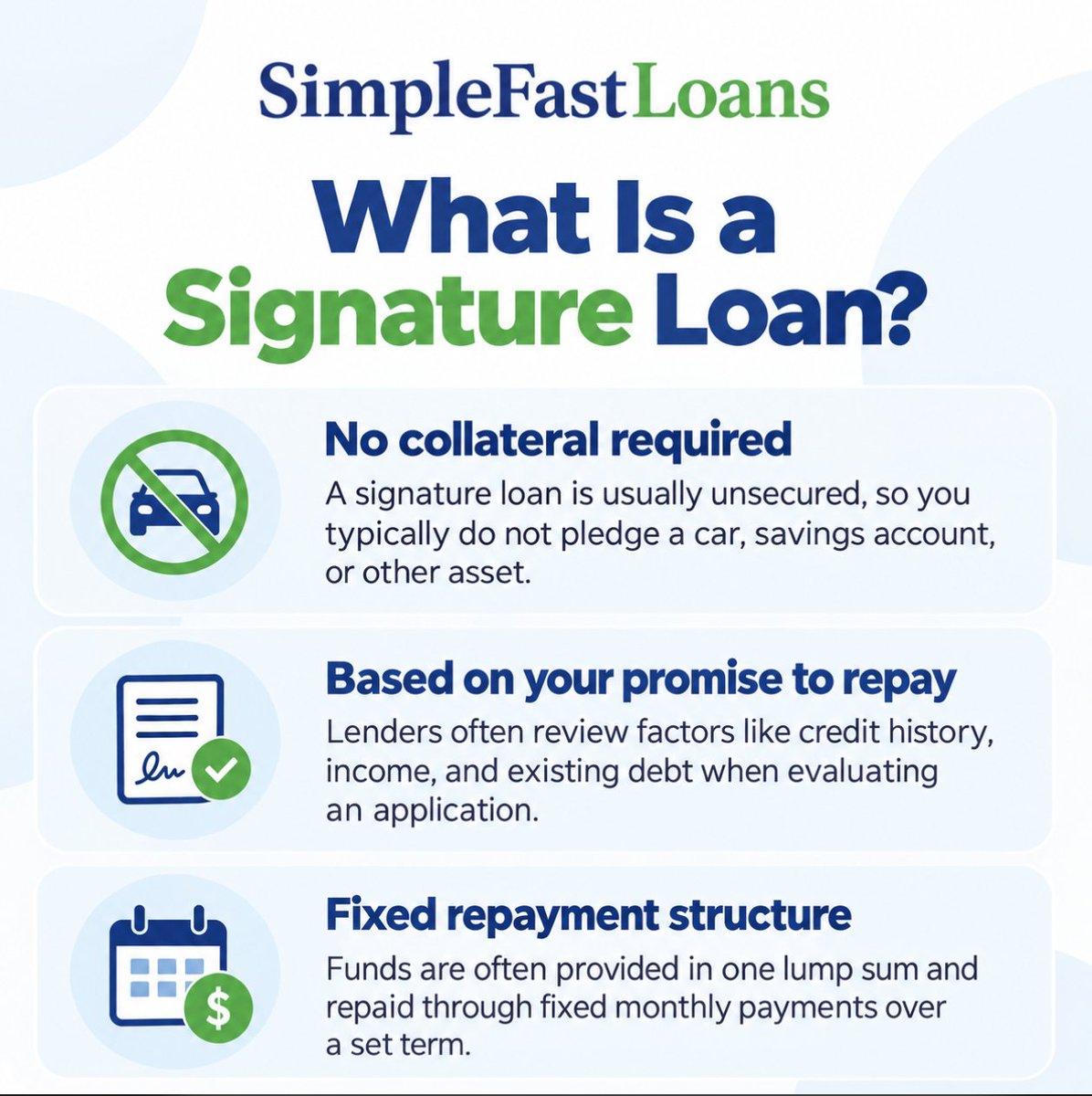 SimpleFastLoans's tweet photo. What is a signature loan?

It is an unsecured personal loan backed by your promise to repay rather than collateral. Most are repaid in fixed installments over a set term.

See how they work:
https://t.co/qRqXHZnAb4
#PersonalLoans #PersonalFinance https://t.co/wBwIhtM7s6