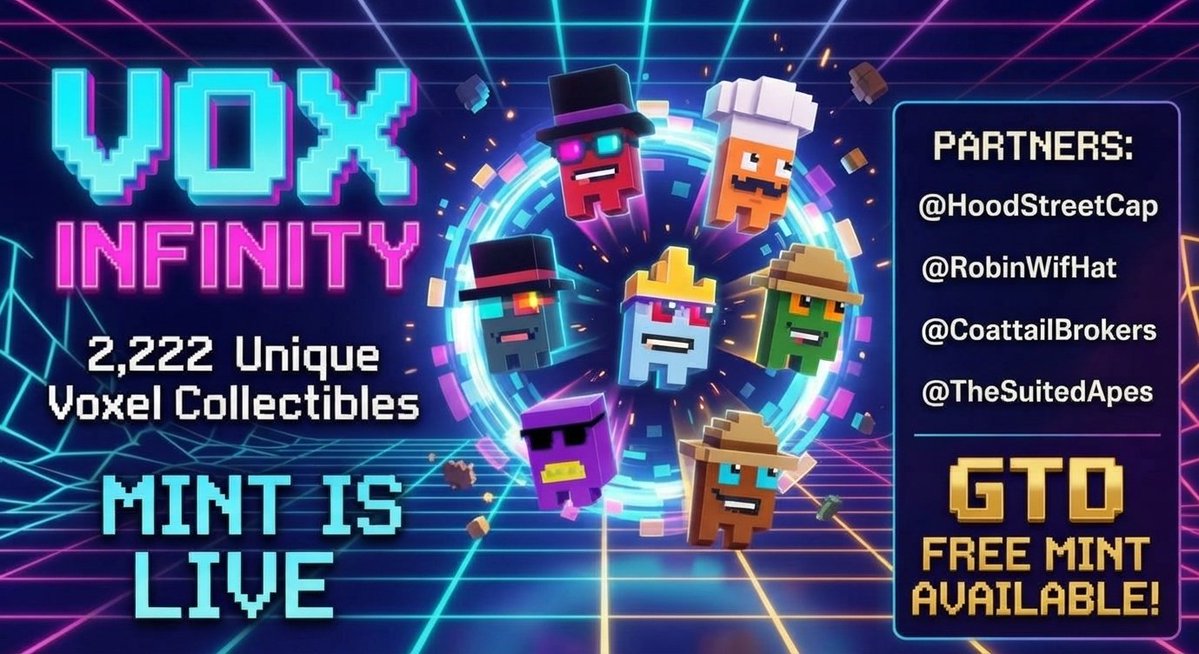 Hue_RH's tweet photo. 🚨 MINT IS LIVE 🚨

The HueVerse expands. Introducing Voxel Infinity ♾️

A collection of 2,222 unique 3D voxel collectibles dropping on @OpenSea via Robinhood Chain!

Mint Here: https://t.co/qPZp1JdraT

📦 Supply: 2,222
⛓️ Network: Robinhood Chain
🎁 GTD FREE MINT PARTNERS: @HoodStreetCap CCFF00 @RobinWifHat @CoattailBrokers @TheSuitedApes 📸

Website: https://t.co/goOr9Y1Mra

#NFTs #RobinhoodChain #VoxInfinity #FreeMint #Web3
