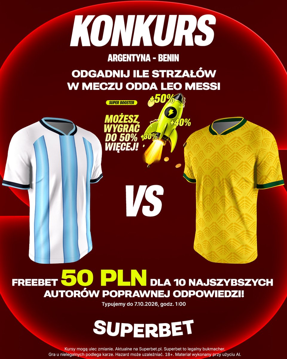 SuperbetPL's tweet photo. #KONKURS! Wytypuj w odpowiedziach ile strzałów odda Leo Messi⚽️ w meczu Argentyna - Benin i zgarnij freebet!
--
✅ Zaobserwuj @SuperbetPL
❤️ Polub wpis i 🔄 podaj go dalej
👤 Dodaj nick z Superbet
🎁 Nagroda = FREEBET 50 PLN
Regulamin: https://t.co/quNbhzc5CR https://t.co/XOVipJlVc9