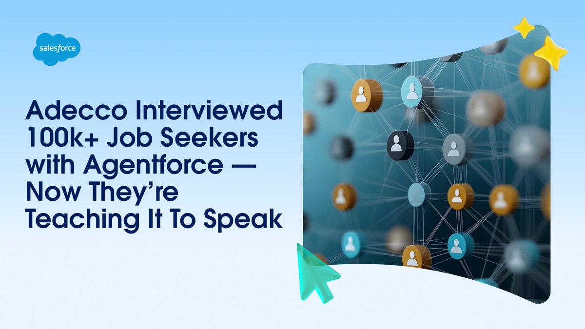 ServiceCloud's tweet photo. 100k+ conversations. 80% of candidates choose voice. 24/7, across markets.

Adecco runs first-round screening on Agentforce Voice, built in the same platform as the rest of their recruiting workflow.

Voice AI that does the work, not just directs traffic: https://t.co/CVR1vv7tGW https://t.co/Ufcjc8q4yv