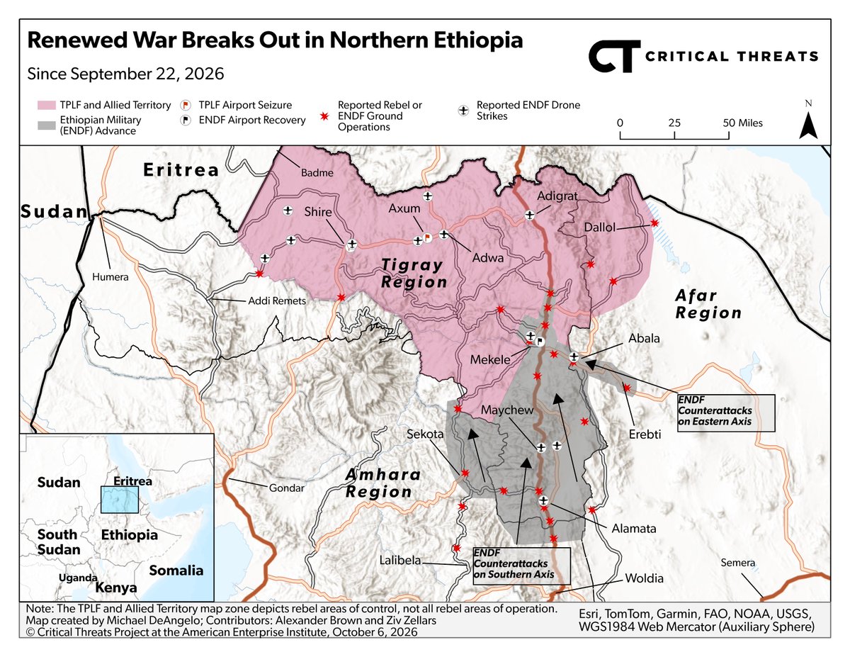 criticalthreats's tweet photo. NEW | Ethiopian federal forces took Mekele, the Tigray regional capital, and have since advanced north and increased airstrikes targeting other TPLF-held population centers.

CTP has been unable to confirm unverified claims that Eritrean troops have increased their presence in Tigray since the capture of Mekele.

More key takeaways from today's Ethiopia War Security Review 🇪🇹 ⬇️