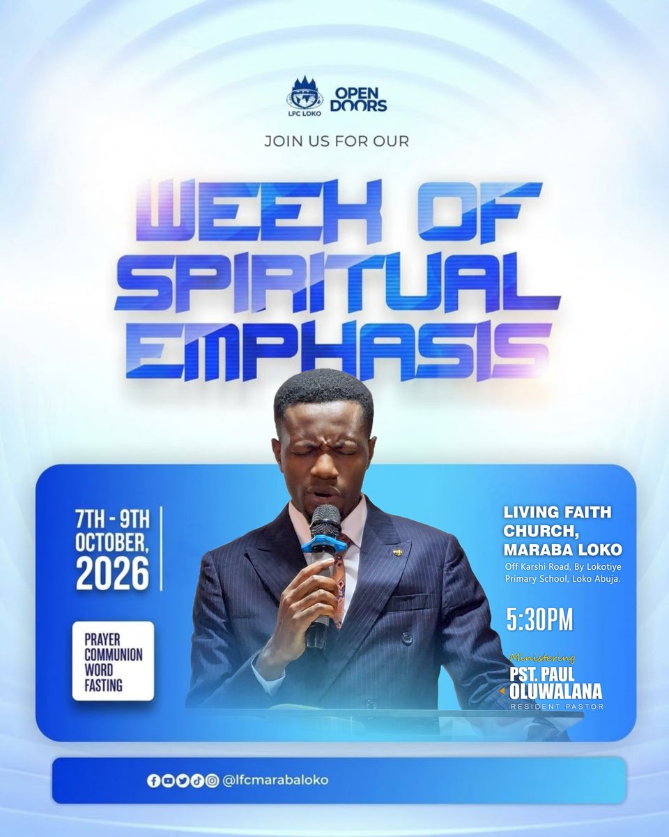 lfcmararabaloko's tweet photo. *WEEK OF SPIRITUAL EMPHASIS*

Experience a fresh dimension of His presence In our 3days Life-changing encounter as we wait upon the Lord in a Fast, Prayer, and The Word. 

5:30PM Daily

Come expectant. Come prepared. Come hungry for God!
.
.
.
#WeekOfSpiritualEmphasis https://t.co/2GPu3urAV6