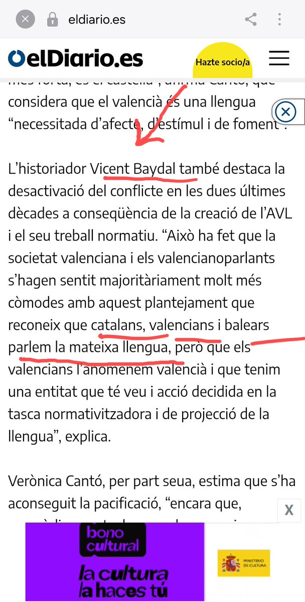 Sentandreu's tweet photo. "L’historiador Vicent Baydal també destaca la desactivació del conflicte en les dues últimes dècades a conseqüència de la creació de l’AVL i el seu treball normatiu. “Això ha fet que la societat valenciana i els valencianoparlants s’hagen sentit majoritàriament molt més còmodes amb aquest plantejament que reconeix que catalans, valencians i balears parlem la mateixa llengua.."