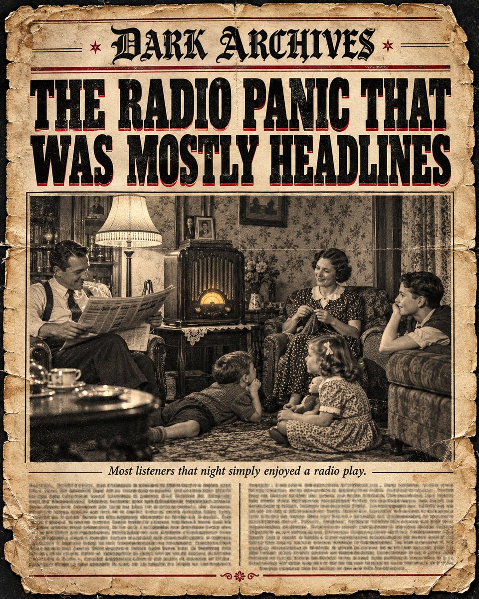 Dark_Archives0's tweet photo. Every October the same story comes back: on the night of October 30, 1938, a radio drama about Martians landing in New Jersey supposedly sent America into a full-blown panic. People fleeing their homes, phone lines jammed, chaos in the streets. 📻

When historians went back through the evidence, though, that picture mostly fell apart. The audience that night was small, and plenty of the people who did tune in seem to have understood it was a play. Some listeners really were frightened, but even the newspapers of the time didn't report any deaths or serious injuries, which you'd expect if a nation had actually lost its mind.

So where did the panic story come from? A lot of it came from the papers themselves. Radio was eating into advertising money during the Depression, and a front page about gullible listeners made the new medium look reckless. The legend then got repeated for decades, even in a famous 1940 study. Kind of funny that a story about a fake news broadcast turned into a fake news story of its own. 📰

#WarOfTheWorlds #RadioHistory #MythBusted