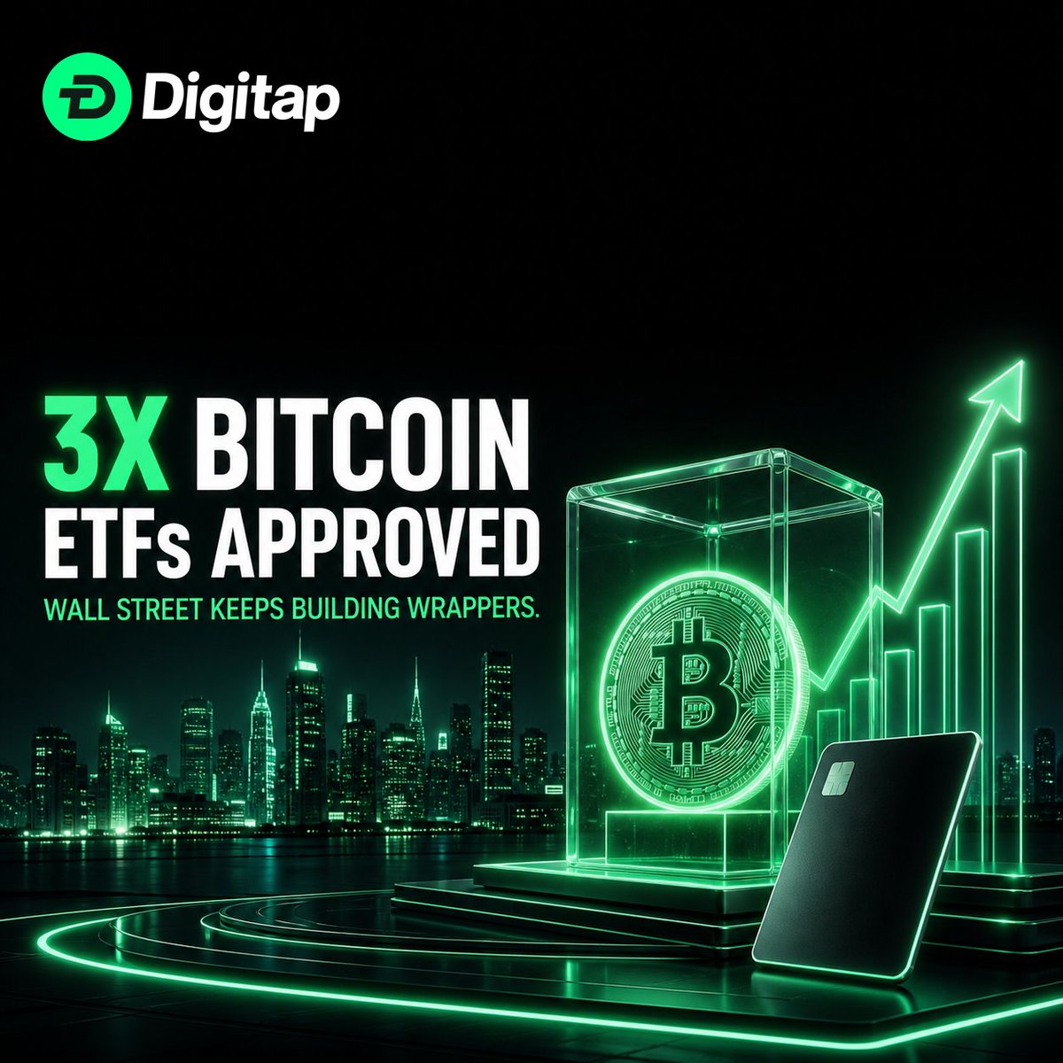 DigiTap_app's tweet photo. The SEC has approved the first 3x Bitcoin and Ether ETFs, six funds in one order.

Wall Street keeps building new ways to hold crypto without touching it.

DigiTap is built for the other half of the job: holding it and spending it from the same app.

#digitap #fintech #TAP #crypto #presale