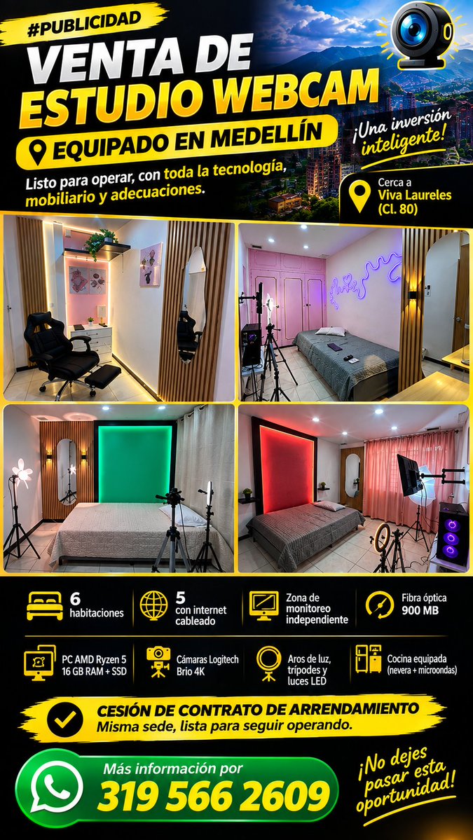 webcam_service's tweet photo. #publicidad
Venta de Estudio Webcam en Medellín 📸
#modeloswebcam #estudioswebcam #modelowebcam #estudiowebcam #chaturbate #camsoda #stripchat #amateurtv #bongacams #cam4 https://t.co/ZTFzFdPnI7