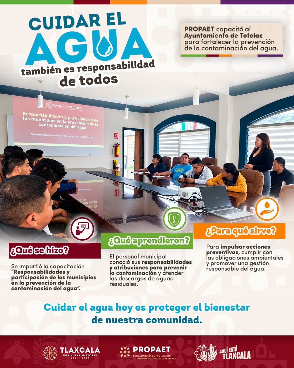 CEPC2025's tweet photo. El agua no se cuida sola. La cuidamos todos. 💧🤝

▪️ Esta semana, desde la Procuraduría de Protección al Ambiente (PROPAET), capacitamos al personal del Ayuntamiento de Totolac. https://t.co/plvv6i3GBo