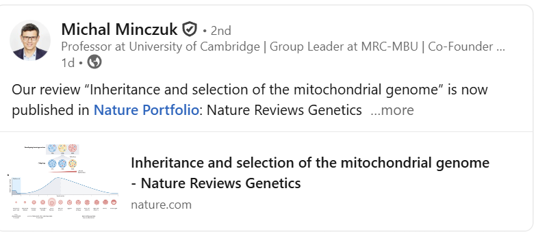 mitoworld_org's tweet photo. How can #mtDNA change rapidly over just a few generations & remain compatible with the independently inherited, evolving nuclear genome? Find out in @mito_gene's fascinating
@NaturePortfolio review:
https://t.co/Tsrewhg9a6
#mitoscientists #mitochondria #mitochondrialevolution https://t.co/A29MQoNty5