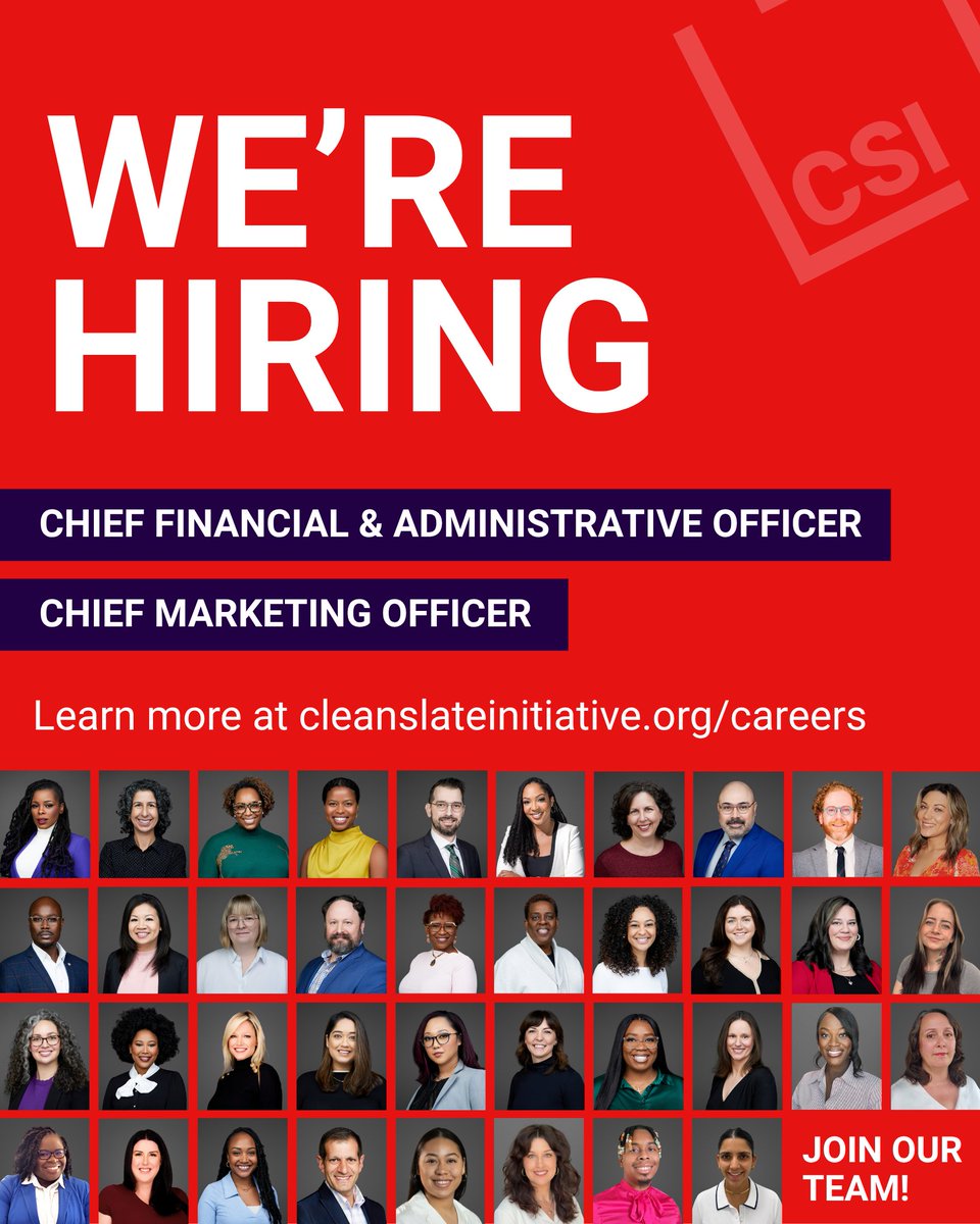 CleanSlate_Init's tweet photo. With a new strategic plan guiding our next phase of growth, The Clean Slate Initiative is hiring a Chief Marketing Officer (CMO) and Chief Financial and Administrative Officer (CFAO) to help expand access to second chances across the country. 

🔗 https://t.co/4jcTnc8jbE https://t.co/zW9mJ899XW