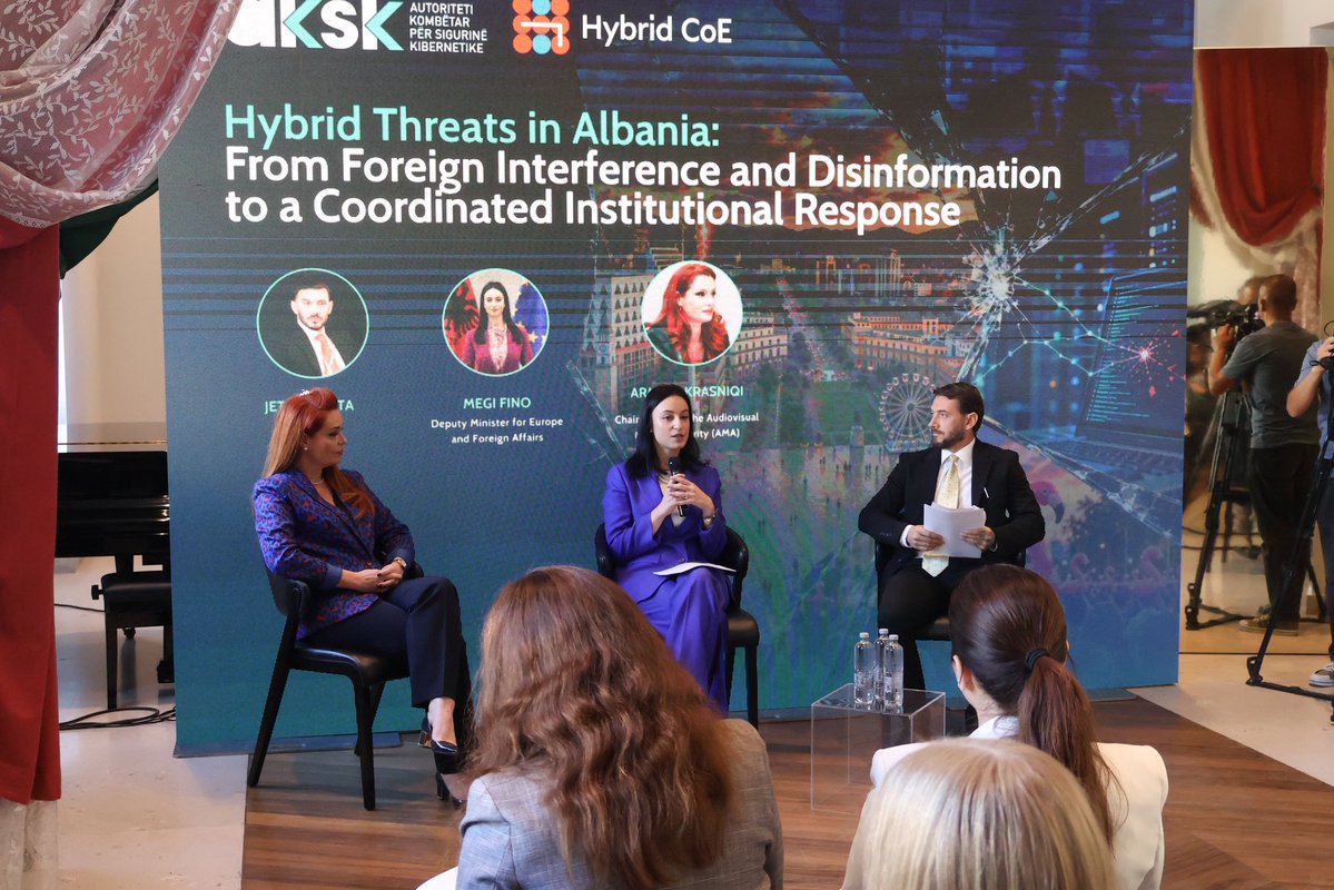 MegiFi's tweet photo. A valuable discussion at the “Hybrid Threats in Albania” workshop, organised by AKSK in cooperation with Hybrid CoE, on disinformation, foreign interference and strengthening our resilience to hybrid threats.

As Albania advances towards EU membership, it is strengthening its capacities, institutional coordination, and cooperation with the EU, NATO, the Hybrid CoE, and our partners to prevent and address these threats. Our response must be grounded in information verification, coordination before communication, and close cooperation with our international partners. 🇦🇱🇪🇺
In the face of threats that know no borders, our resilience depends on our ability to act together.
