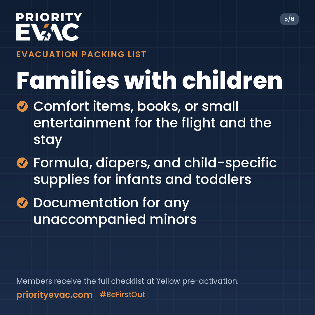 priorityevac's tweet photo. Evacuation Packing List, Part 5 of 6: Families with Children. Comfort items and entertainment, formula, diapers and supplies for infants and toddlers, and documents for unaccompanied minors. https://t.co/HtD6ERIxOP #BeFirstOut https://t.co/MMSrHUU9Tc
