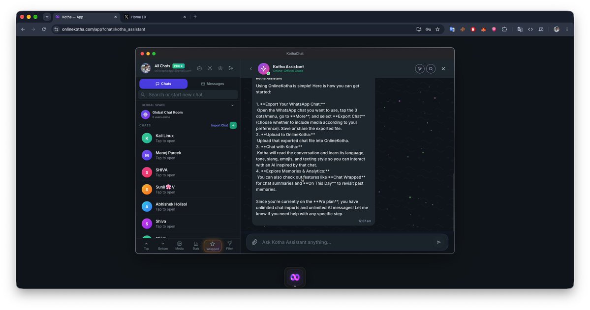 X_shiva2001's tweet photo. try onlinekotha today, new UI/UX , improve performance and features, web v1.02 , just import someone's chat and see wrapped stroy,  chat stats, who ask more questions, who make more laugh , kind of deeply analysis. try for free:
onlinekotha https://t.co/I52eQVrAwu