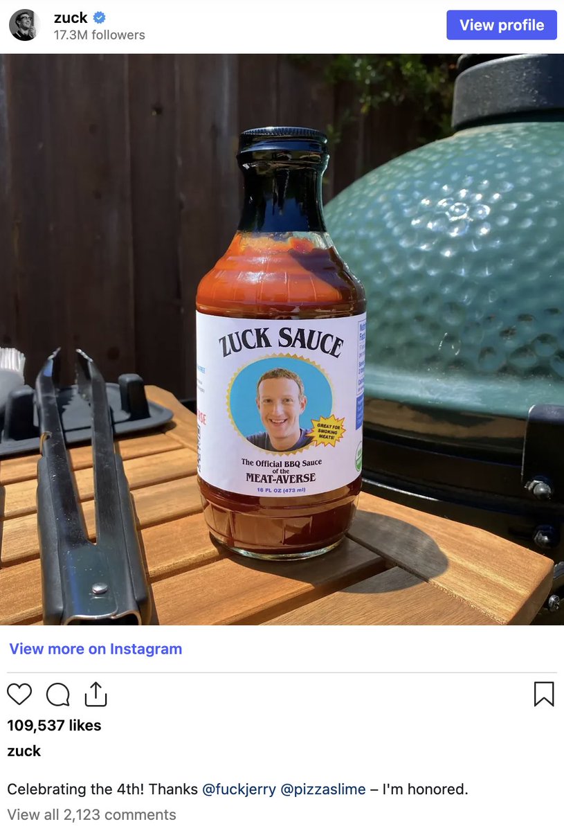 MeatMETAc's tweet photo. Founder's Day Archive, No. 2 (2022)

Zuck Sauce: The official BBQ sauce of the Meat-Averse.

3 days until Founder's Day. https://t.co/9rz5Kfknzm