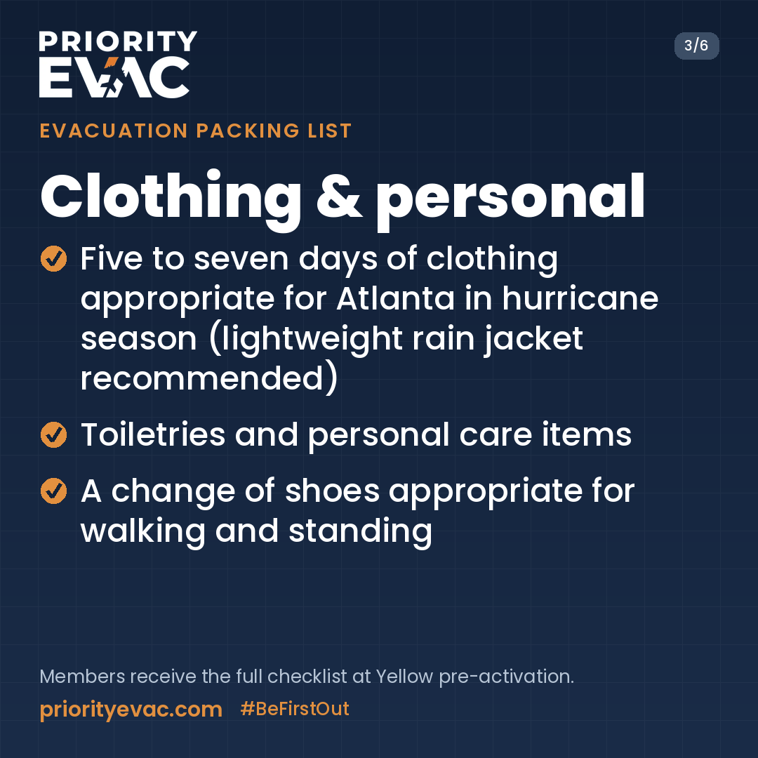 priorityevac's tweet photo. Evacuation Packing List, Part 3 of 6: Clothing &amp; Personal. Five to seven days of clothing for Atlanta, a lightweight rain jacket, toiletries, and shoes for walking and standing. https://t.co/HtD6ERIxOP #BeFirstOut https://t.co/0Pw8Qw9c83