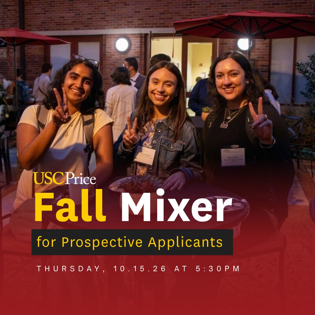 USCPrice's tweet photo. Thinking about graduate school—and how to turn your commitment to the common good into a career?

Join us Oct. 15 for the USC Price Fall Mixer! Meet current students, alumni and faculty from our MPA, MPP, MHA and MUP programs while discovering what it’s really like to be part of the Price community.

Whether you’re preparing to apply or just beginning to explore your options, we’d love to meet you. Light bites will be served, and parking information will be provided after registration.

Register here: https://t.co/UbsVj08yJV