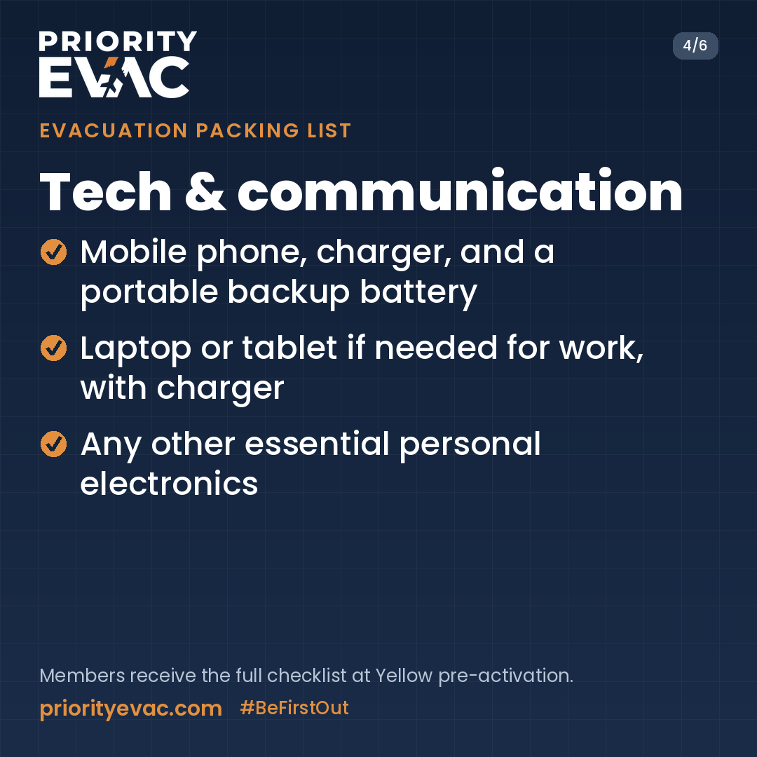 priorityevac's tweet photo. Evacuation Packing List, Part 4 of 6: Technology &amp; Communication. Phone, charger, and a portable backup battery. Add a laptop or tablet if you need it for work. https://t.co/HtD6ERHZZh #BeFirstOut https://t.co/enePglh75N
