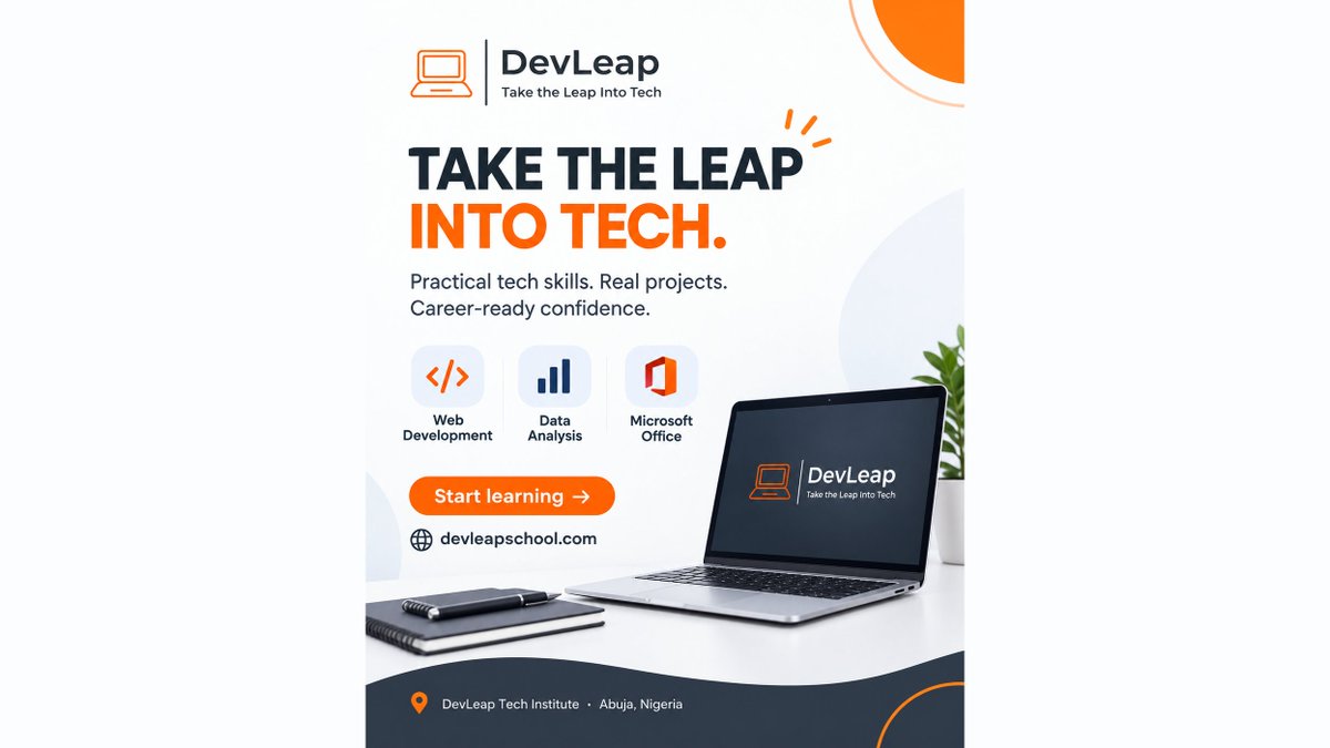devleapschool's tweet photo. Take the leap into tech.

Web Dev. Data Analysis. Microsoft Office Tools. AI Courses. Practical skills, real projects, career-ready confidence.

Based in Abuja, training people nationwide.

#DevLeap #LearnToCode https://t.co/1Xdml2iz4e