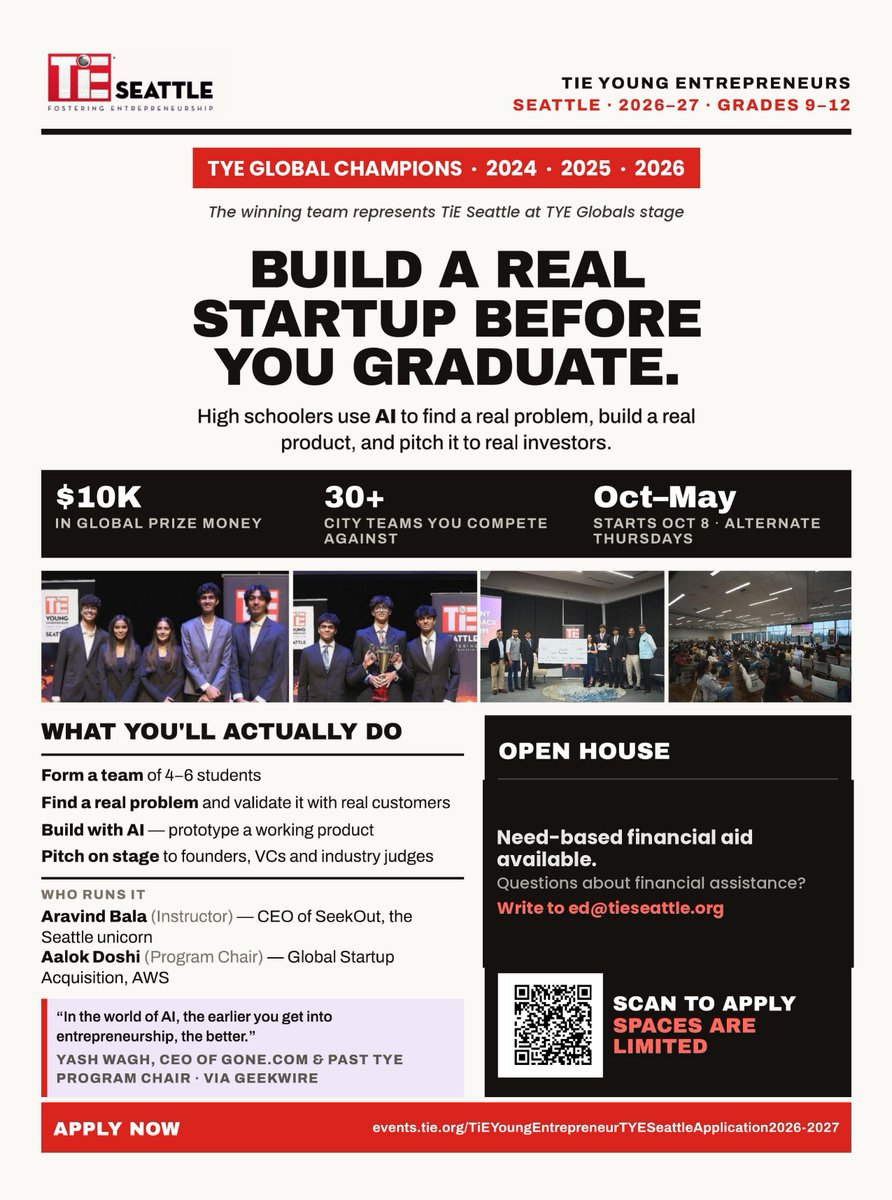 SeattleTiE's tweet photo. Financial Aid Available for TYE Seattle 2026–2027
We believe financial circumstances shouldn’t stand in the way of a student’s entrepreneurial journey.
Apply &amp; secure your seat: https://t.co/tWZctQvO0G

Questions about financial assistance? Write to ed@tieseattle.org

#TYESeattle https://t.co/ftnBogEL2G