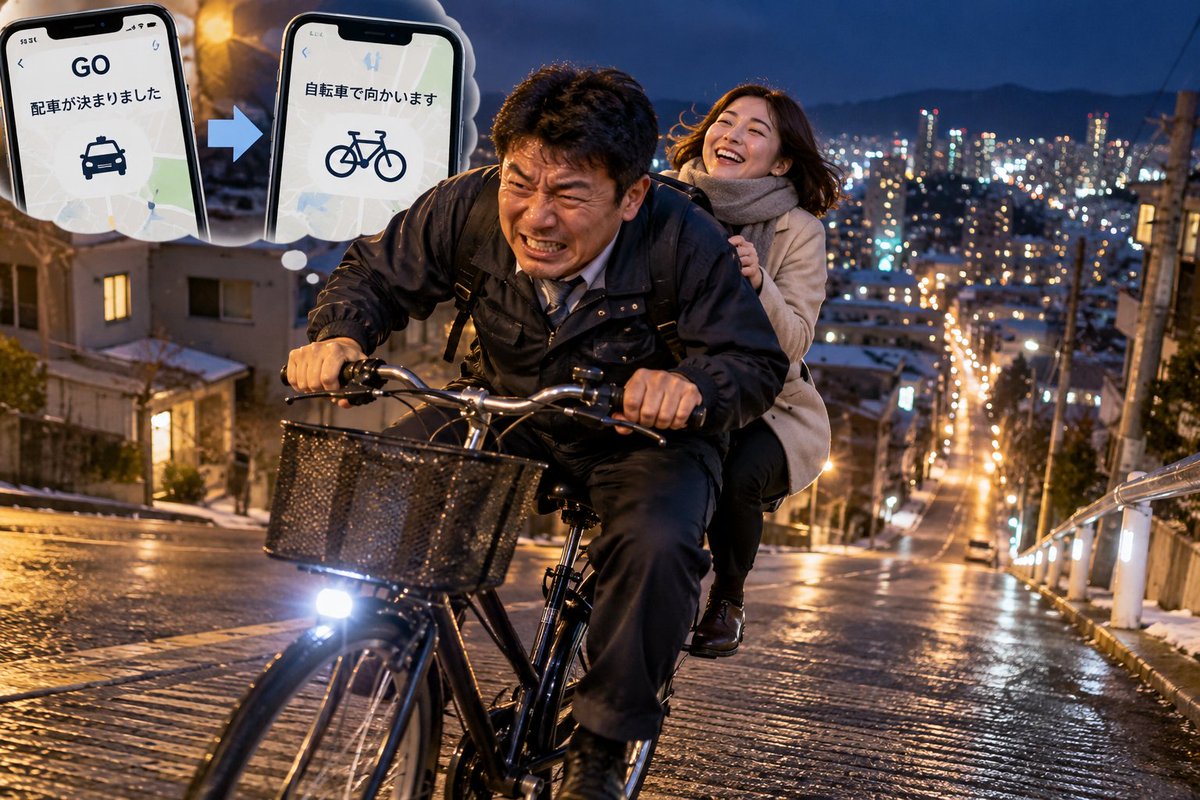 mafun39's tweet photo. 今晩は休みだー

そういえば、昨日見た夢思い出した、、

夢でも配車を承諾してしまう男。
ただし車両は自転車、道は急坂、お客さんは後ろの荷台。
アプリ気にしすぎ。
寝てる時くらい休ませてくれ(笑)

#タクシー運転手 #夜勤 #夢日記 #職業病 https://t.co/QO1oJe50Hx