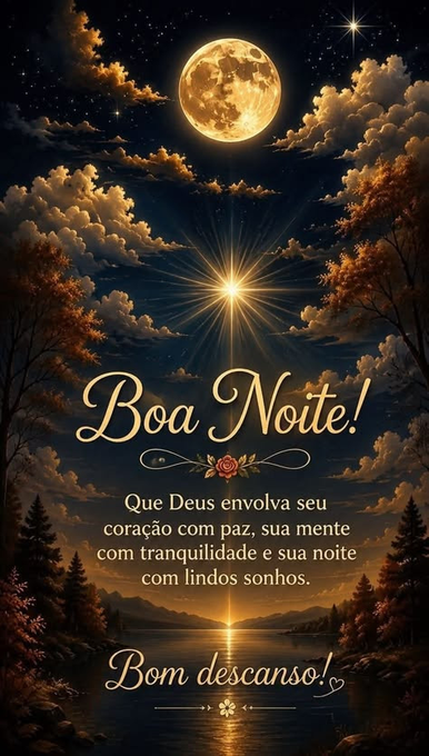An illustration of a moonlit night scene with the Portuguese text 'Boa Noite!' and 'Bom descanso!' accompanied by a prayer for peaceful sleep.